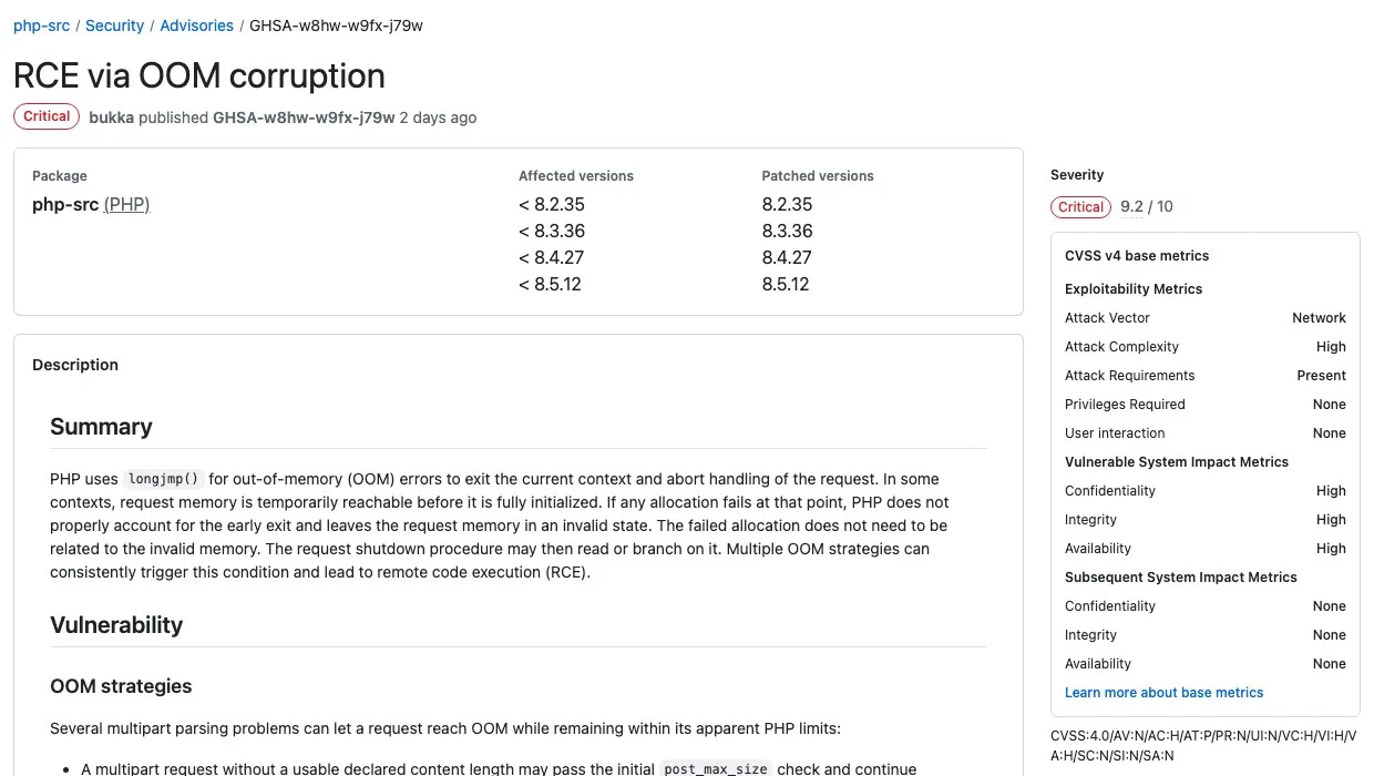 GitHub'daki CVE-2026-109618 güvenlik bildirimi ve etkilenen PHP sürümleri