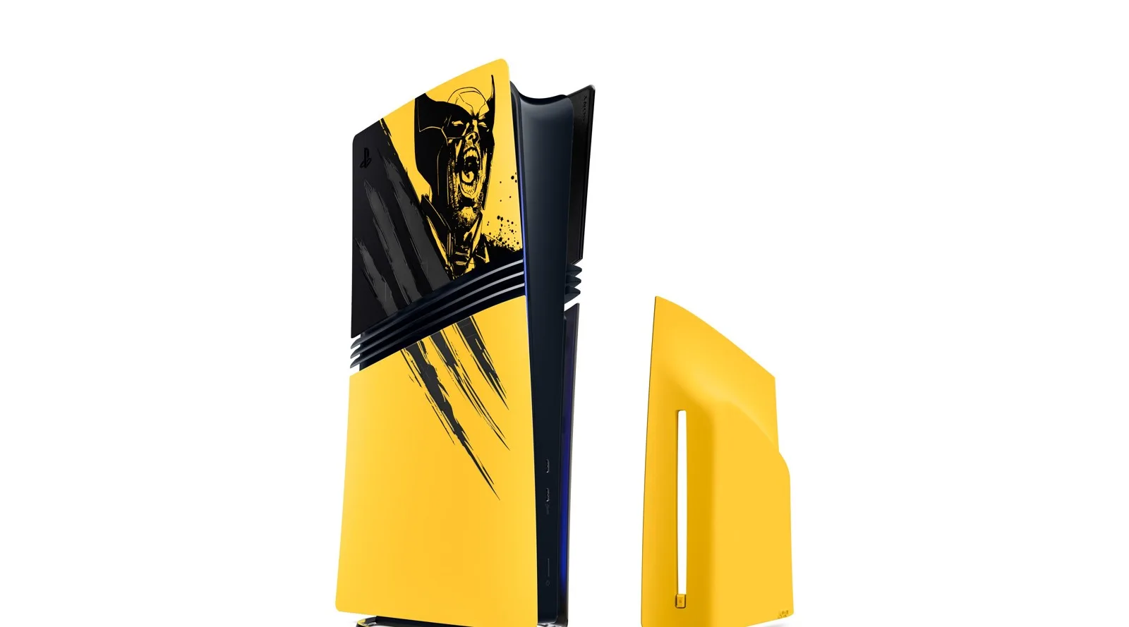 Marvel's Wolverine Battle Yellow Limited Edition PS5 Digital Edition konsolu, kontrolcüsü ve sarı yan paneli