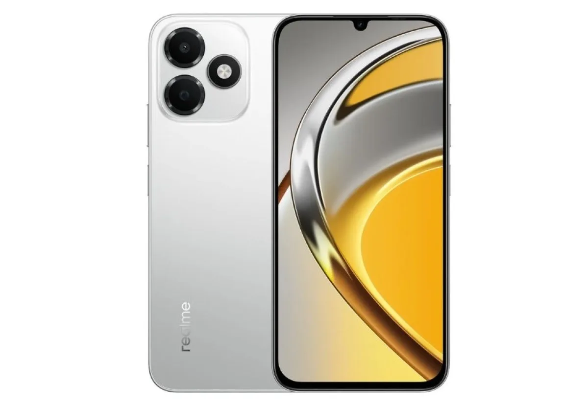 Realme P4s Lite gümüş renk seçeneği, ön ve arka yüzü, sarı-gri duvar kâğıdıyla