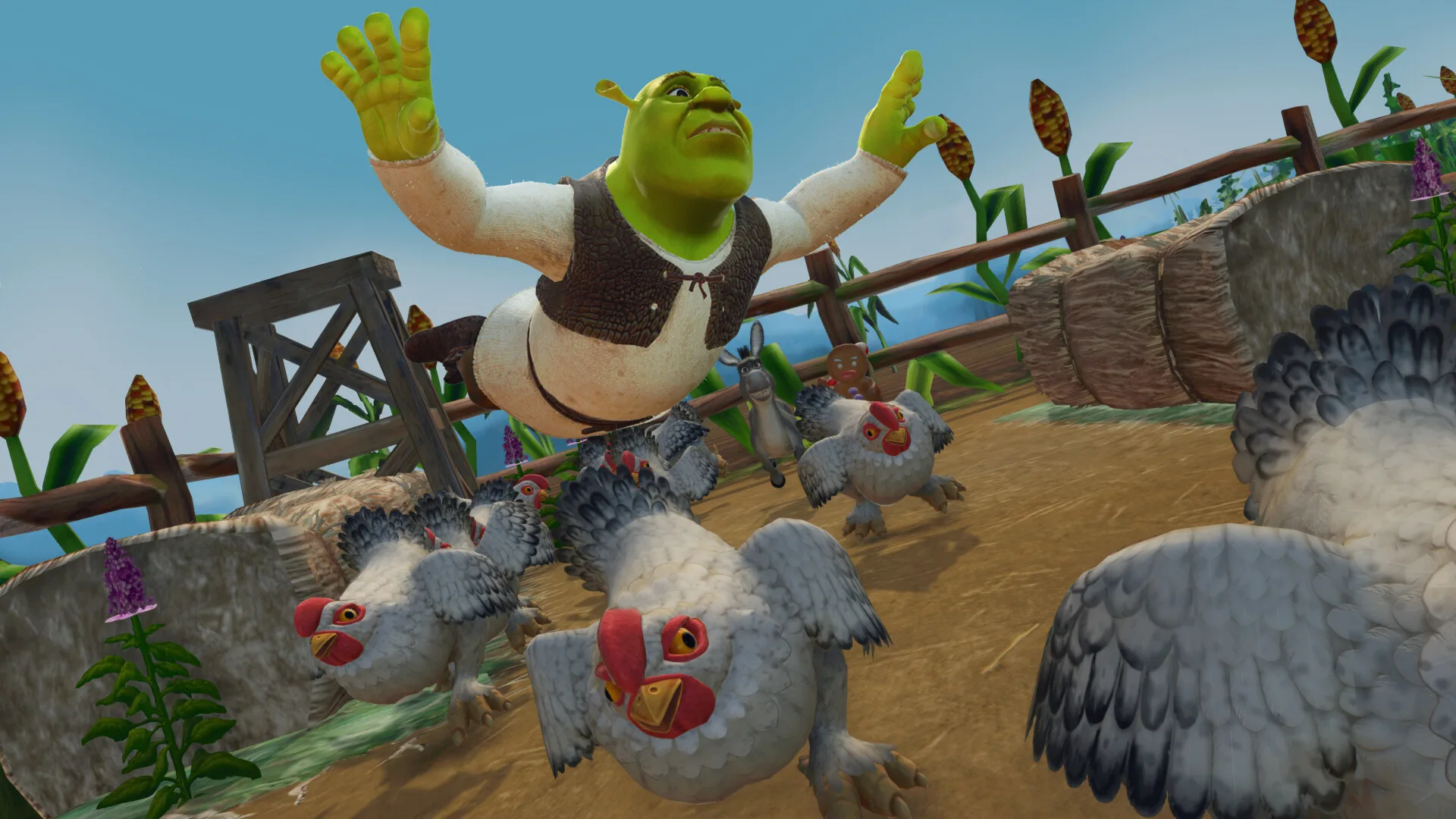 Shrek 2 Remastered'da çiftlikte tavuklarla çevrili Shrek