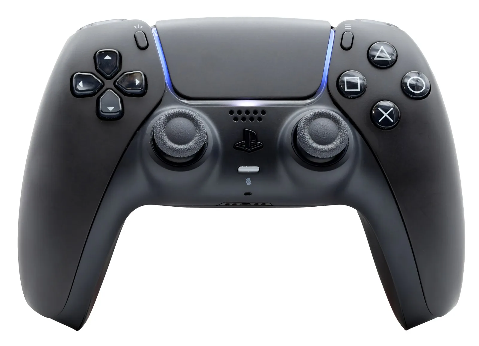 Siyah renkli PlayStation 5 DualSense kumandası, önden görünüm