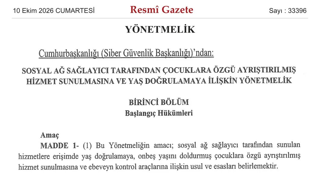 10 Ekim 2026 tarihli 33396 sayılı Resmî Gazete'de yayımlanan sosyal ağ yaş doğrulama yönetmeliğinin başlık sayfası