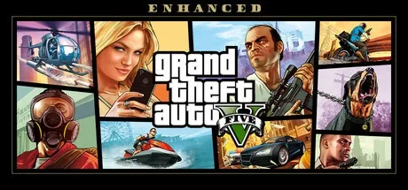 Grand Theft Auto V Enhanced Steam kapak görseli: GTA V karakterlerinin kolaj tasarımı