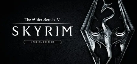 The Elder Scrolls V Skyrim Special Edition Steam kapak görseli: siyah zemin üzerinde Skyrim logosu ve ejderha amblemi