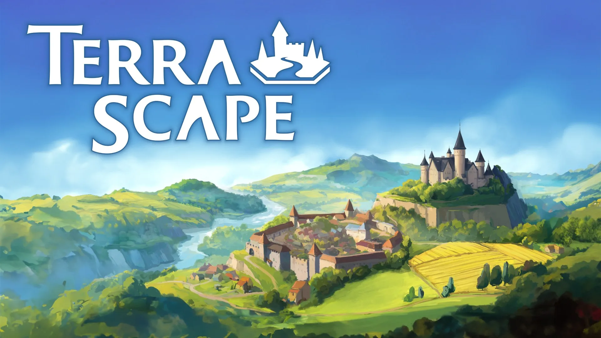 TerraScape kapak görseli: yeşil vadide nehir kenarında bir ortaçağ kasabası ve tepede kale