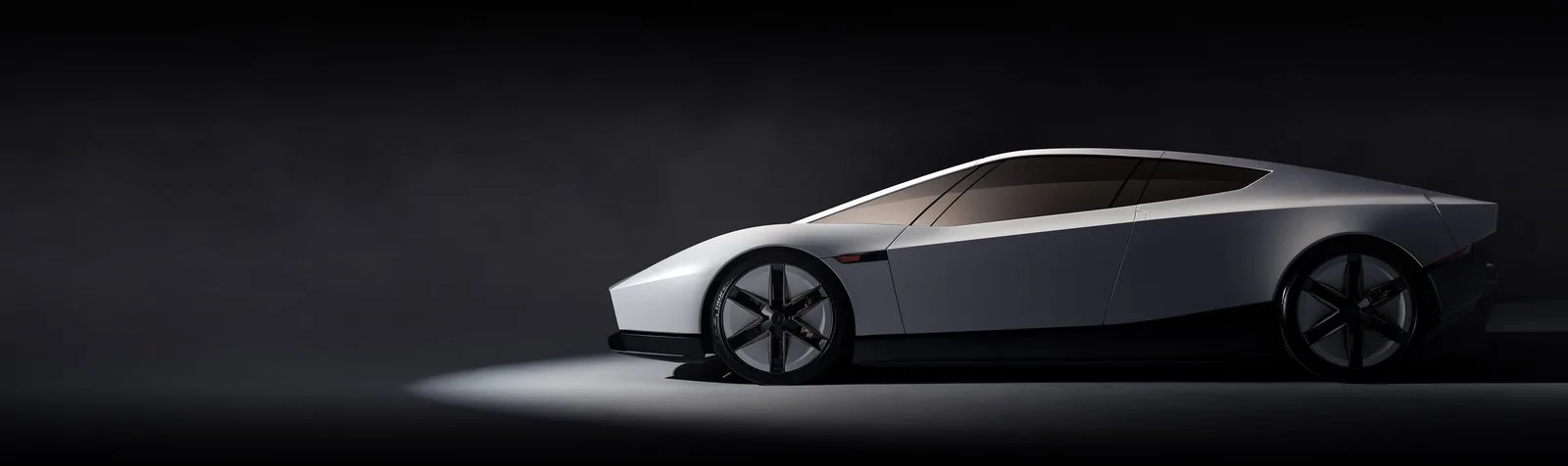 Beyaz yeni Tesla Roadster'ın yandan görünümü, karanlık stüdyo ortamında