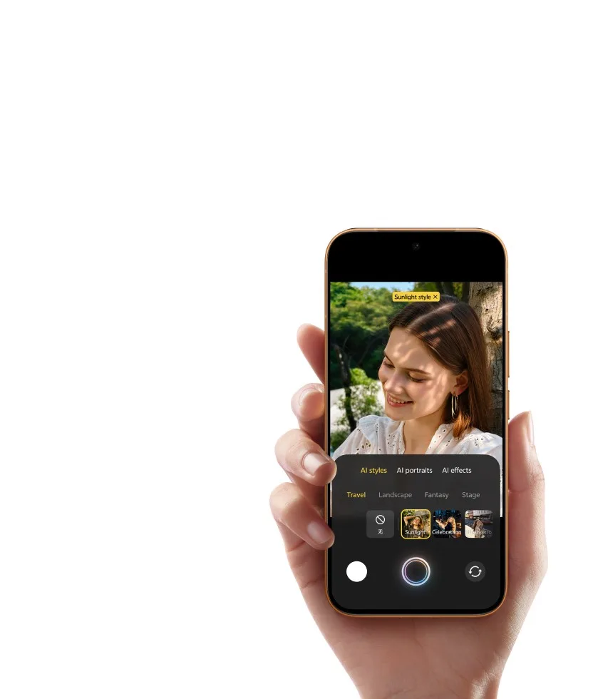 vivo V80 tanıtım görseli: elinde telefon tutan bir kişi ve ekranda yapay zekâ ile portre çekimi arayüzü