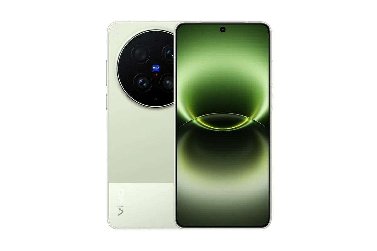 Açık yeşil vivo X300 Ultra'nın büyük dairesel ZEISS kamera modülü ve yanında ön yüzü