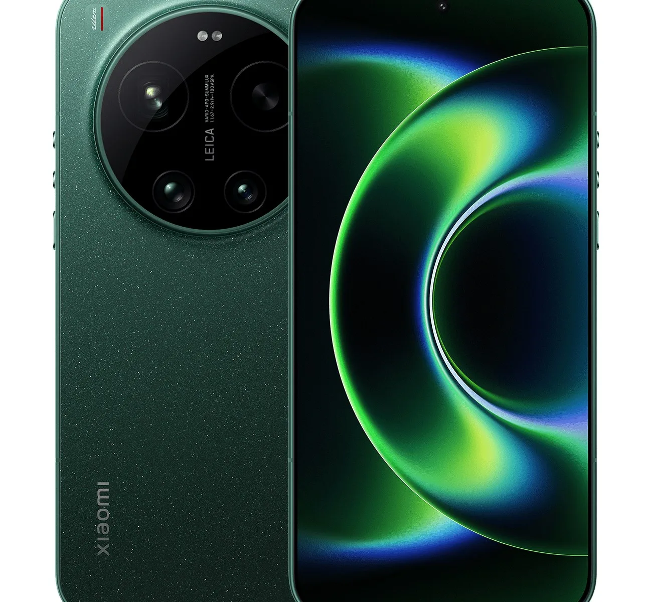 Koyu yeşil Xiaomi 17 Ultra'nın Leica yazılı dairesel kamera modülü ve yanında ön ekranı