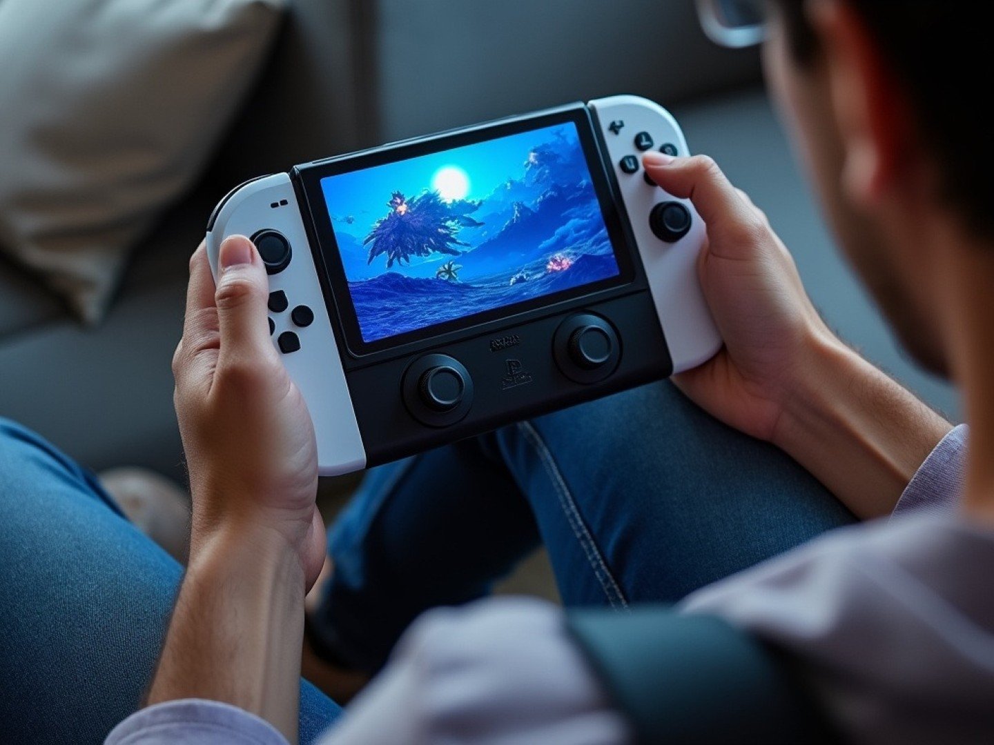 An artistic depiction of the PlayStation 6 handheld console showcasing its modern design and features, emphasizing compatibility with PS5 games.