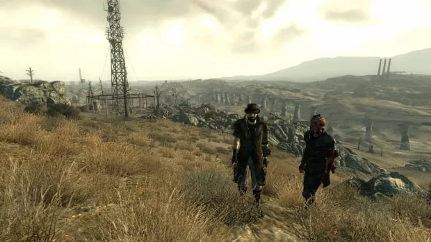 A visually stunning concept art for Fallout 3 Remastered, depicting a post-apocalyptic wasteland with futuristic technology and a character in a modern Vault suit.