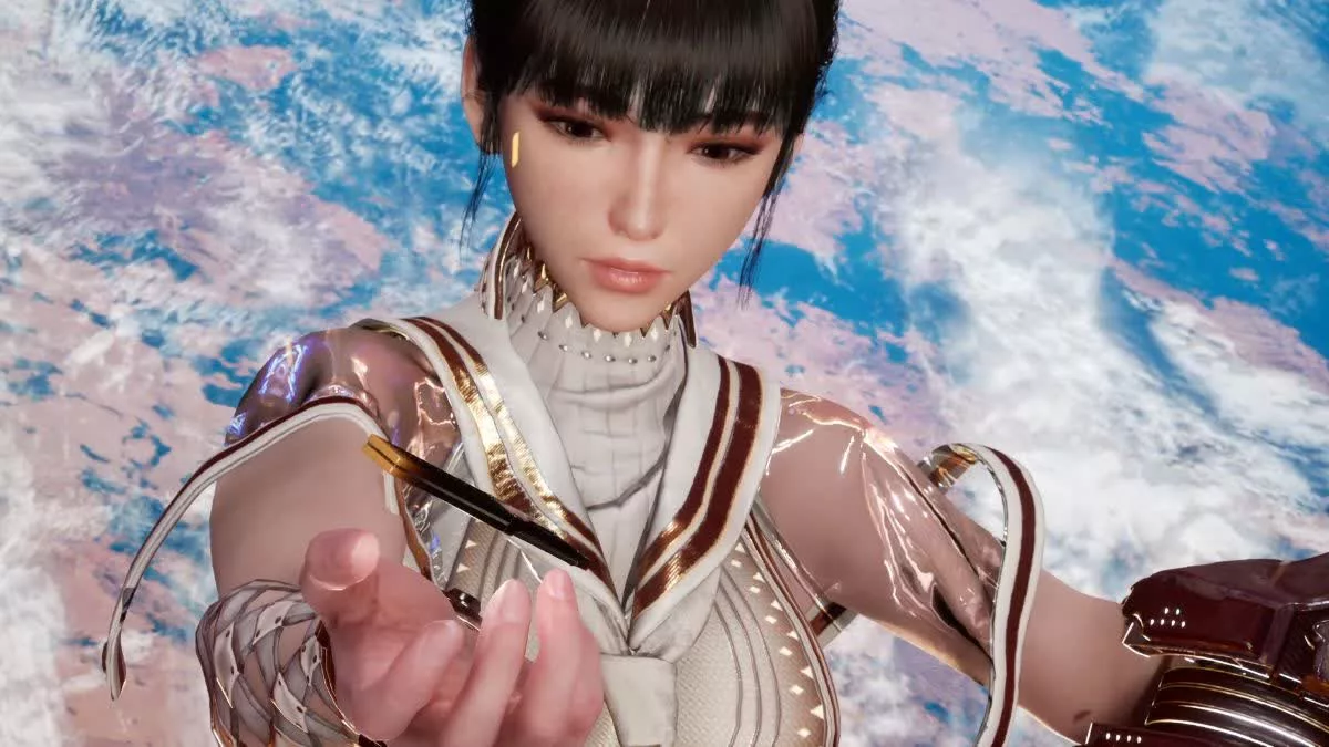 A futuristic and aesthetic landscape inspired by Stellar Blade, featuring advanced technology and a dynamic character pose.