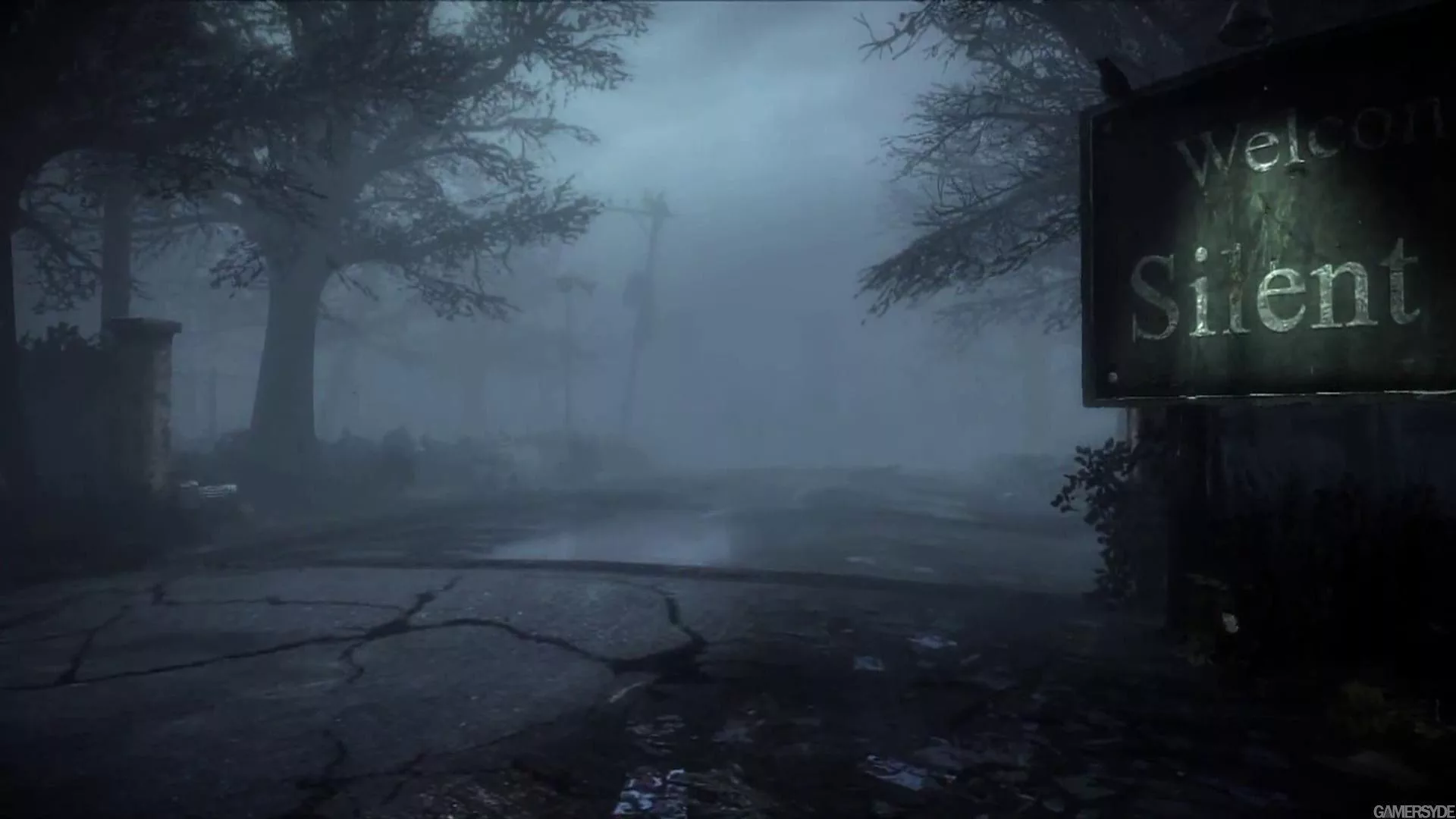 A modern digital artwork inspired by Silent Hill, depicting a foggy streetscape in 1960s Japan with a traditional figure walking under an eerie light.