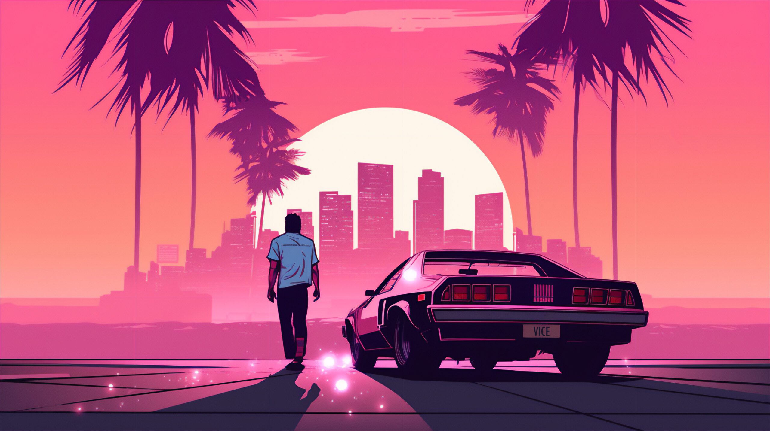 A dynamic and modern graphic design announcing the GTA VI launch with a vibrant urban skyline and futuristic elements.