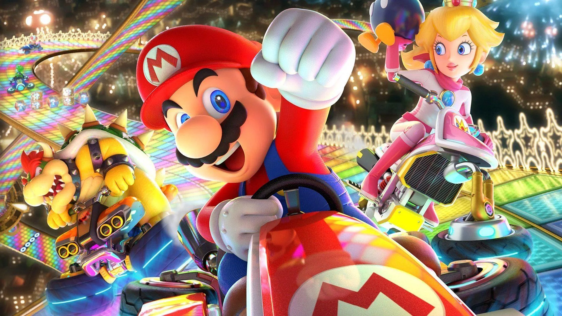 A vibrant and modern illustration of Mario Kart featuring characters and elements symbolizing artificial intelligence and gaming technology.