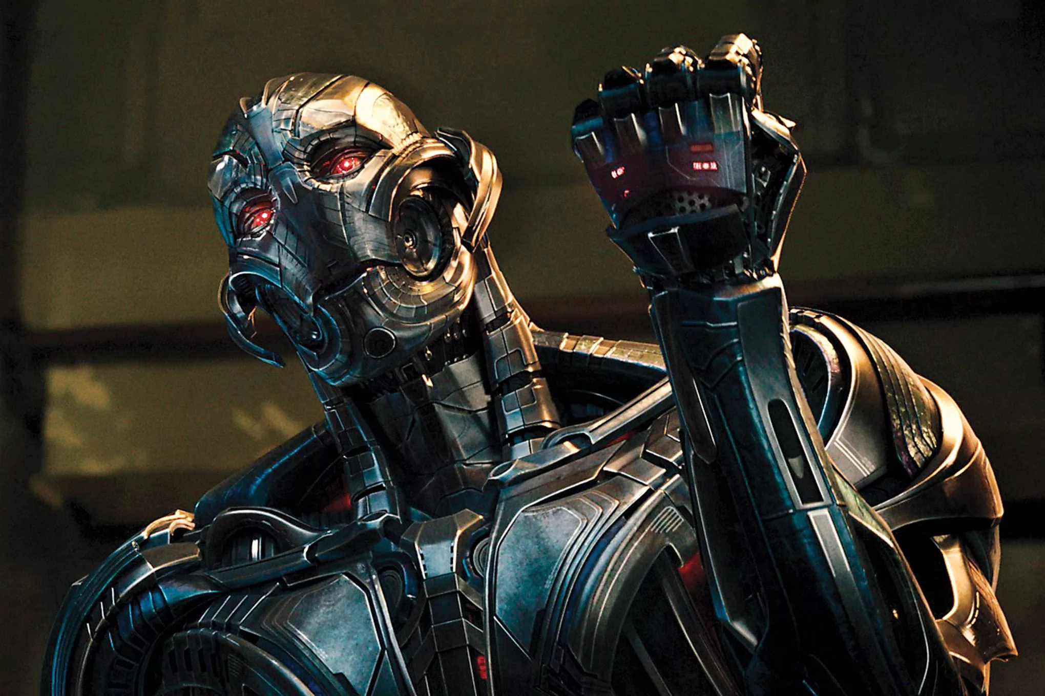 A modern and aesthetic illustration of Ultron from Marvel, showcasing advanced robotic designs and a dark, high-tech background.