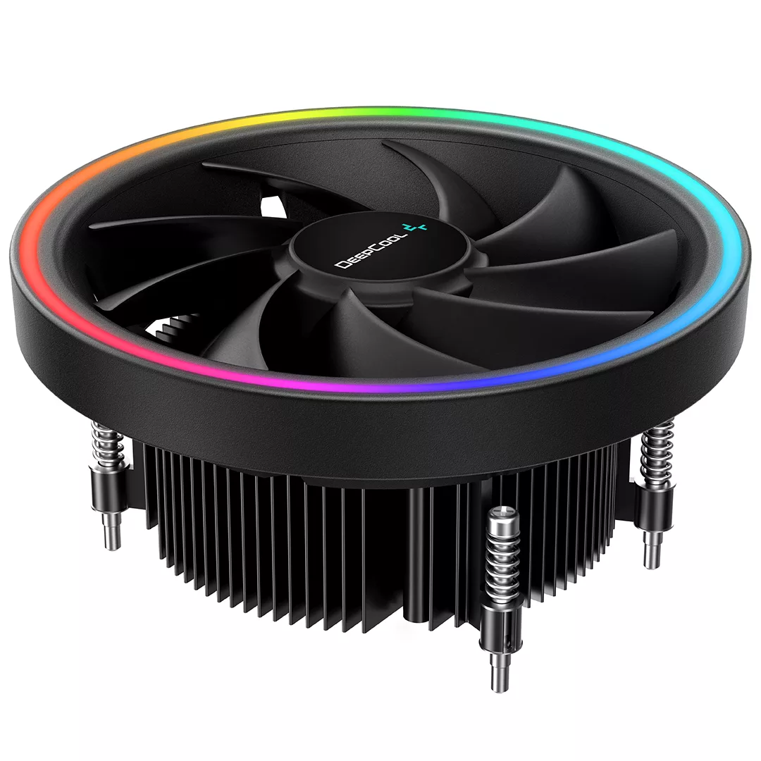 Modern Deepcool CPU cooler showcasing advanced cooling technology with a sleek design against a futuristic blue backdrop.