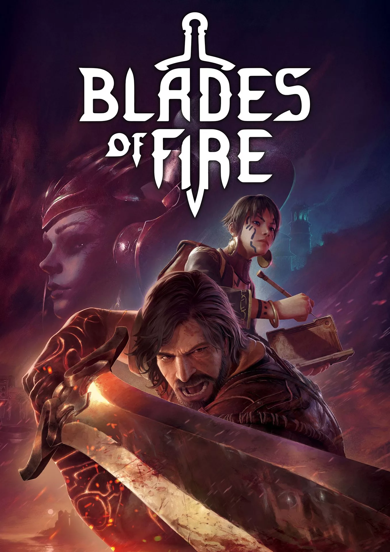 A high-quality modern illustration of Blades of Fire, showcasing vibrant colors and a dynamic fantasy environment.