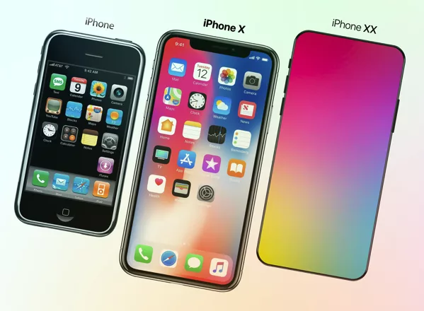Modern visual representation of the 20th anniversary iPhone with radical design changes, showcasing a sleek and futuristic aesthetic.