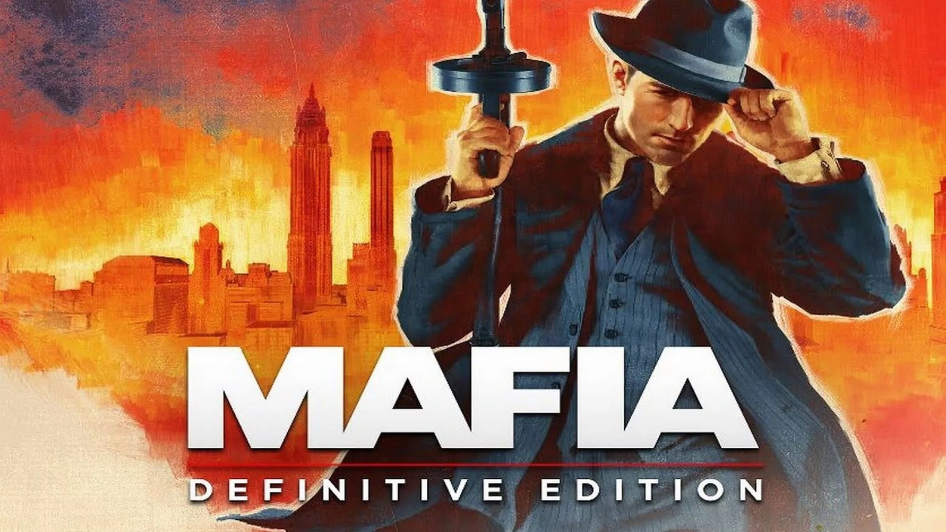A modern aesthetic graphic depicting elements of a mafia-themed game with a focus on technology and urban architecture.