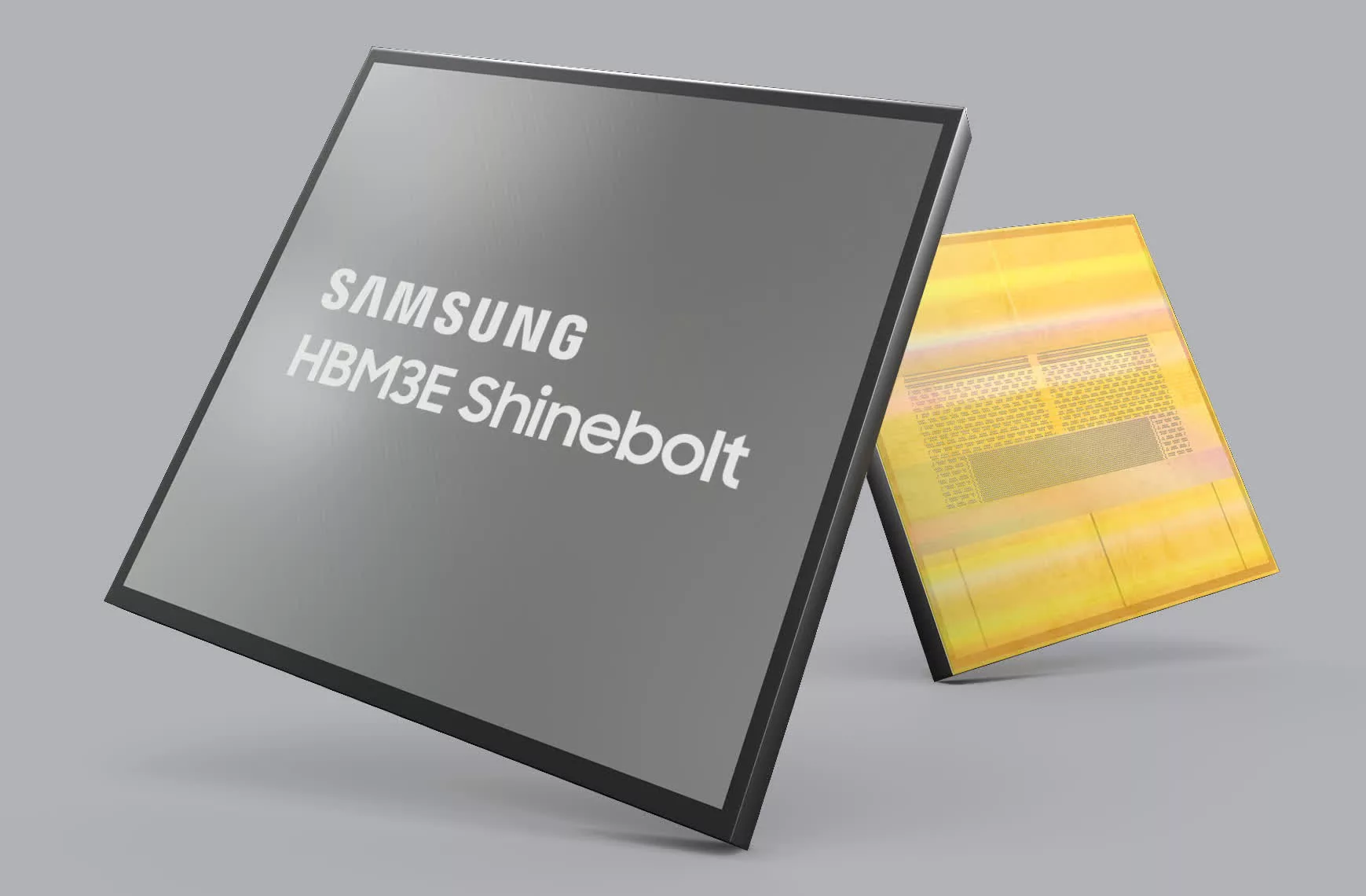A digital illustration of Samsung HBM3E technology highlighting supply chain challenges with a modern and futuristic design.