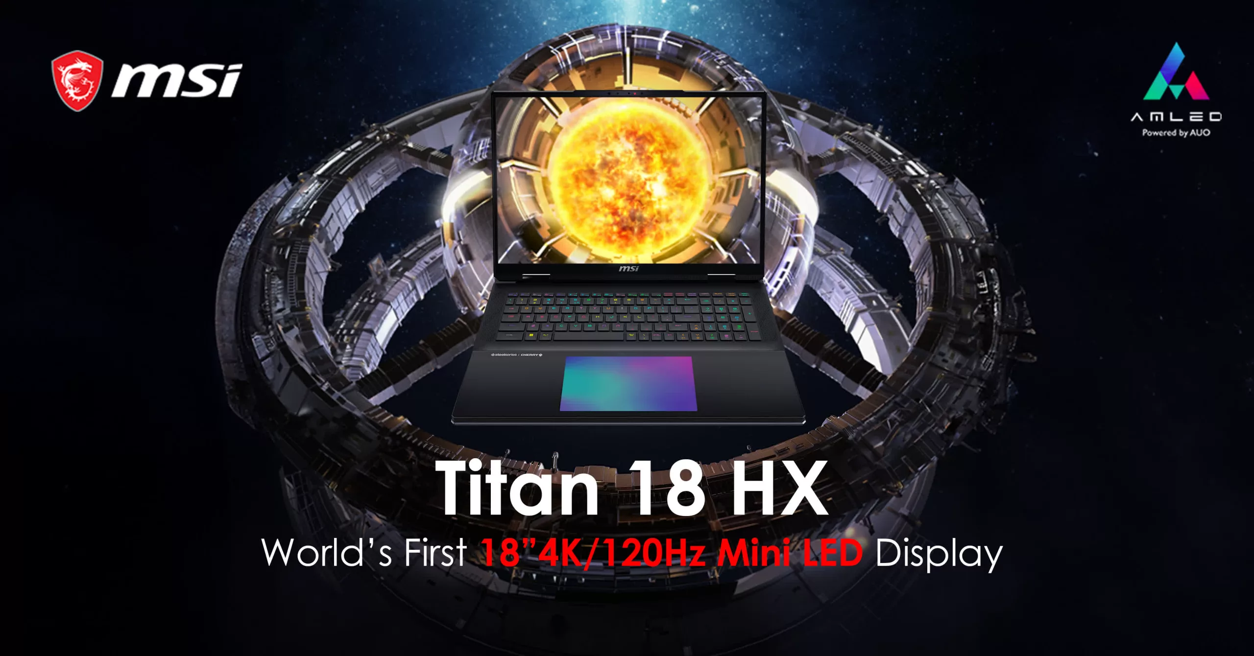 Futuristic MSI Titan 18 HX AI Laptop design in a tech-inspired setting.