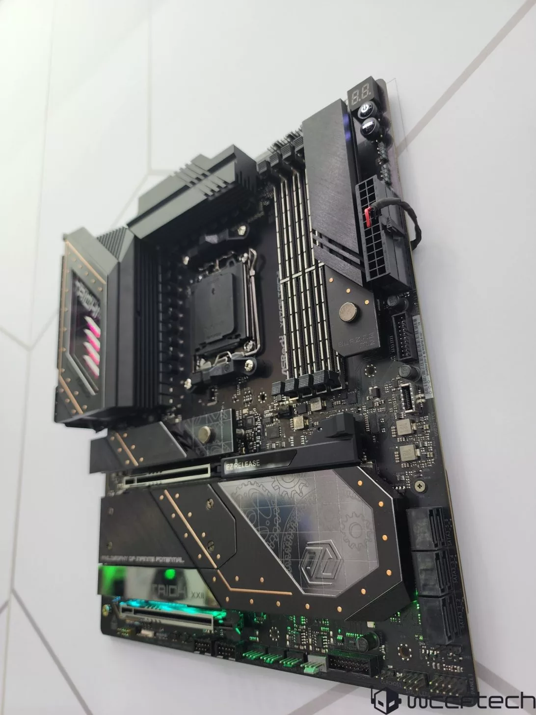 Modern and aesthetic illustration of the ASRock X870E Taichi OCF motherboard, showcasing its advanced features for high-speed performance and overclocking.