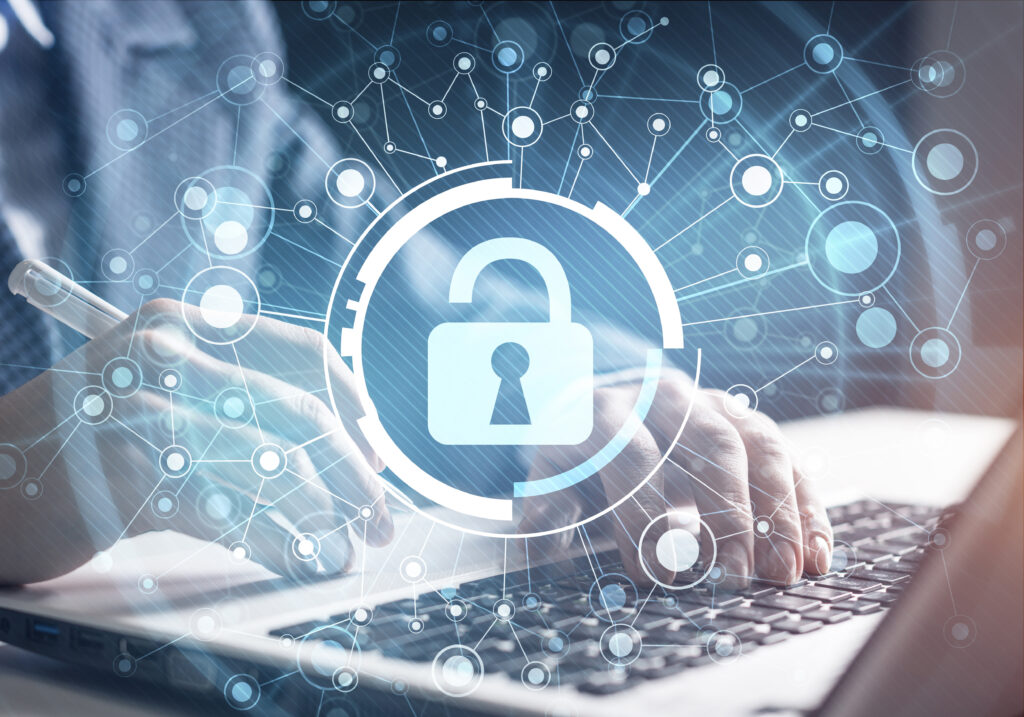 A consumer engaging with smart devices featuring a Cybersecurity Seal in a modern home environment.