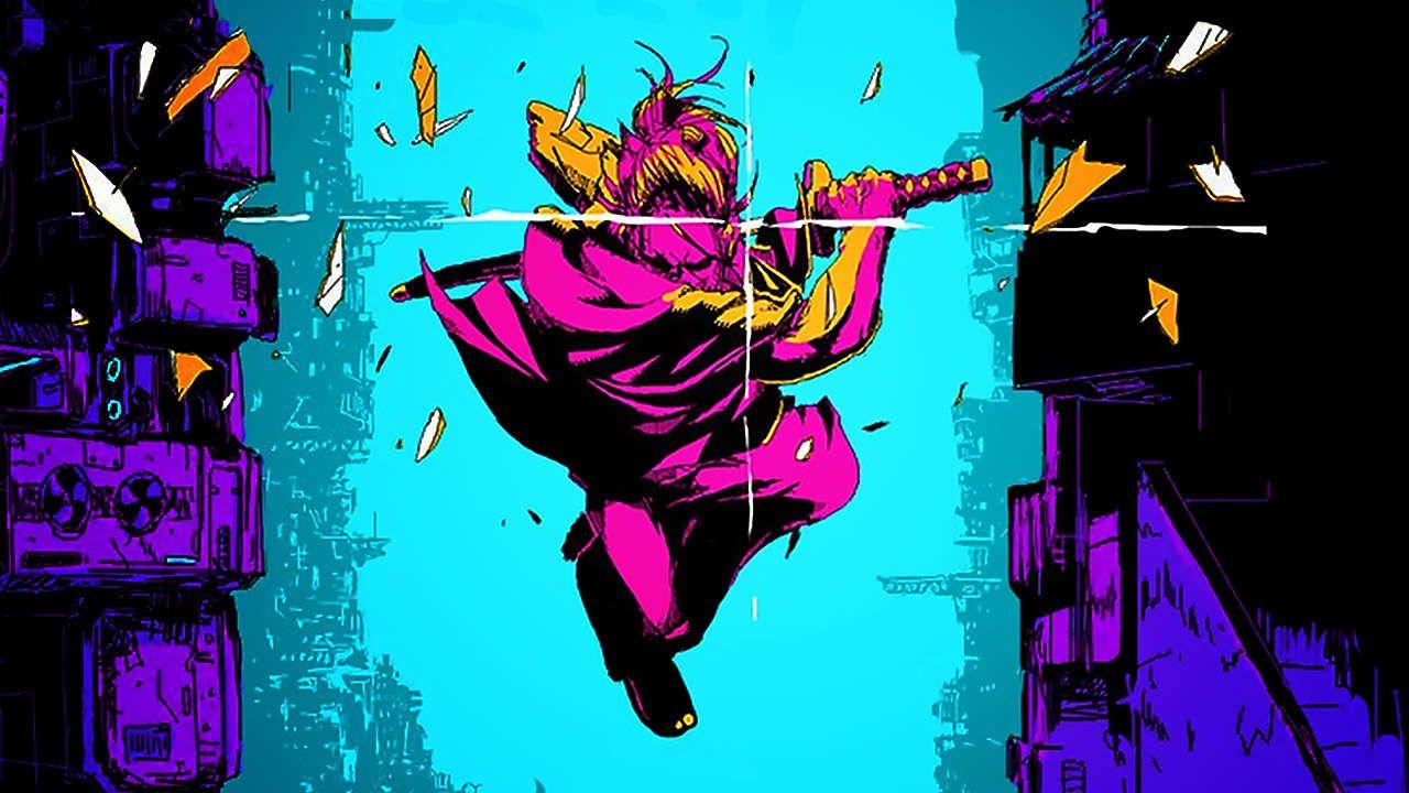 A vibrant and modern illustration showcasing a futuristic samurai from Katana Zero DLC, surrounded by neon cityscape and creative elements.