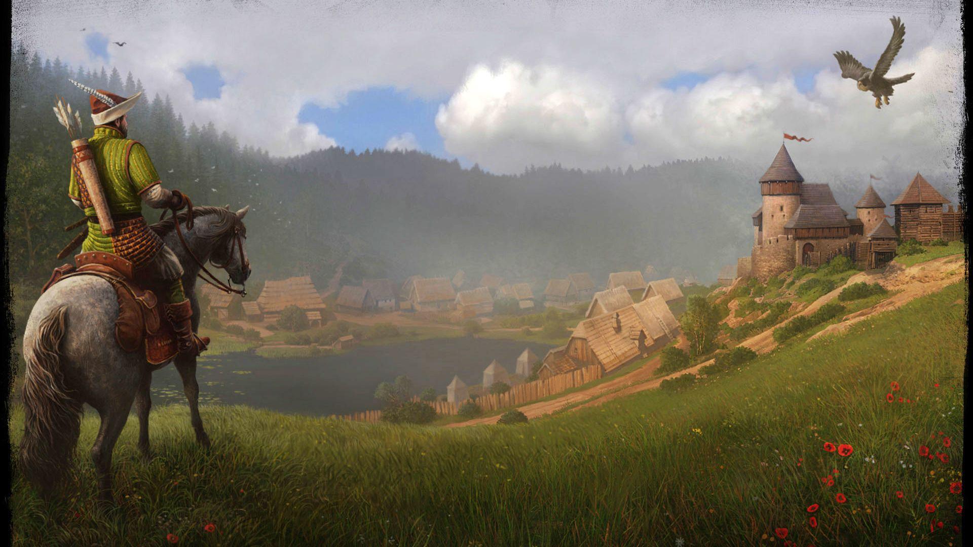A stunning visual crossover of Geralt from The Witcher in a medieval setting inspired by Kingdom Come: Deliverance, showcasing an epic adventure mood.