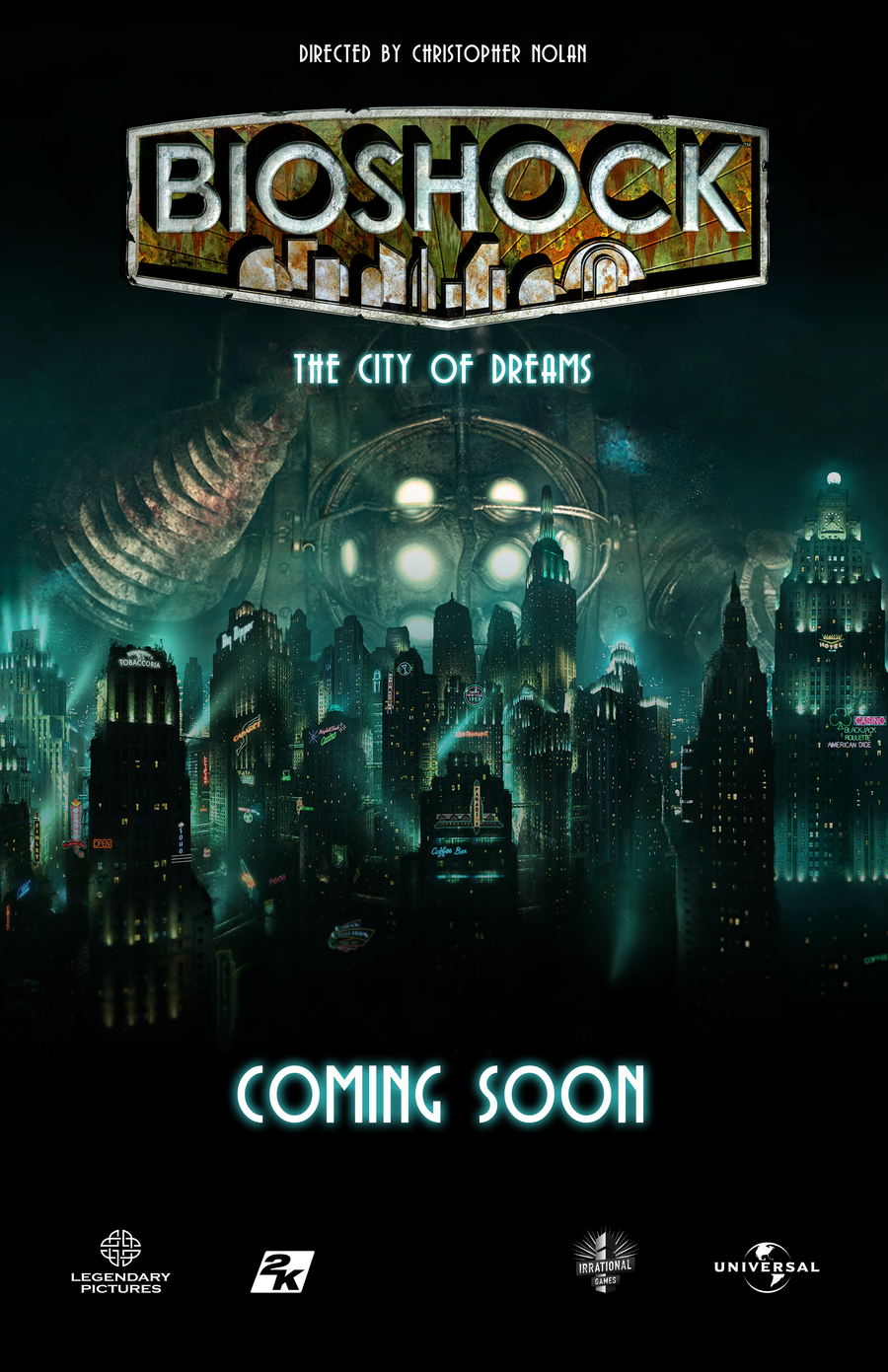 Visual representation of a fictional BioShock movie featuring underwater cities and Jack Quaid in an action pose.