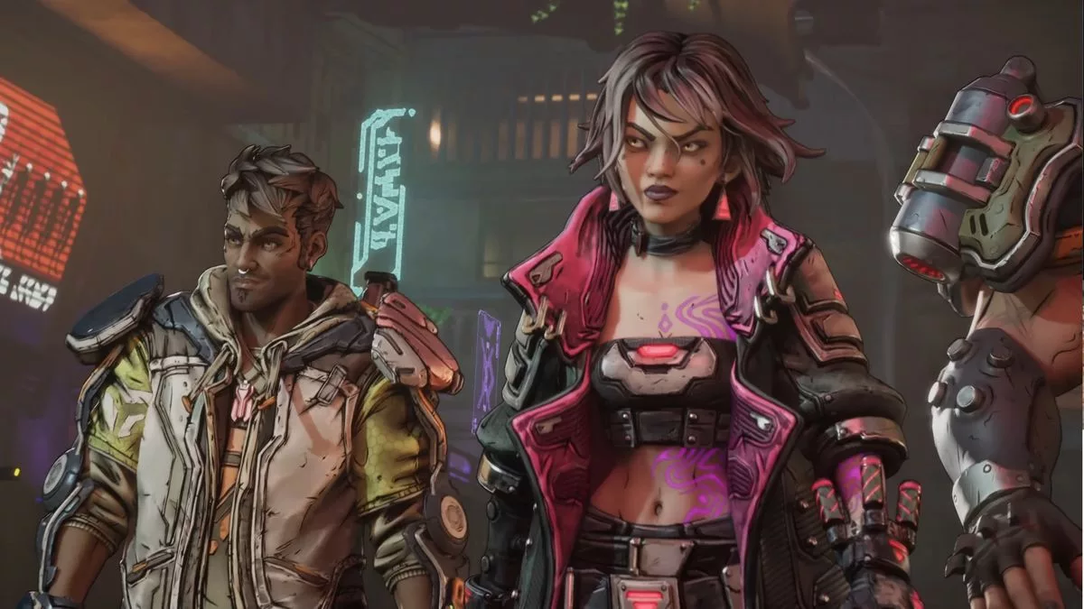 Stylized and vibrant graphic design inspired by Borderlands 4 announced at PAX East, featuring iconic characters and a dynamic landscape.
