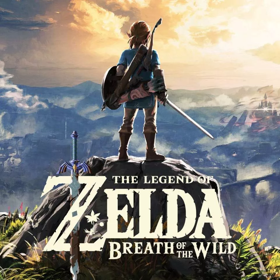 A modern illustration of a Zelda: Breath of the Wild inspired landscape featuring Nintendo Switch 2.
