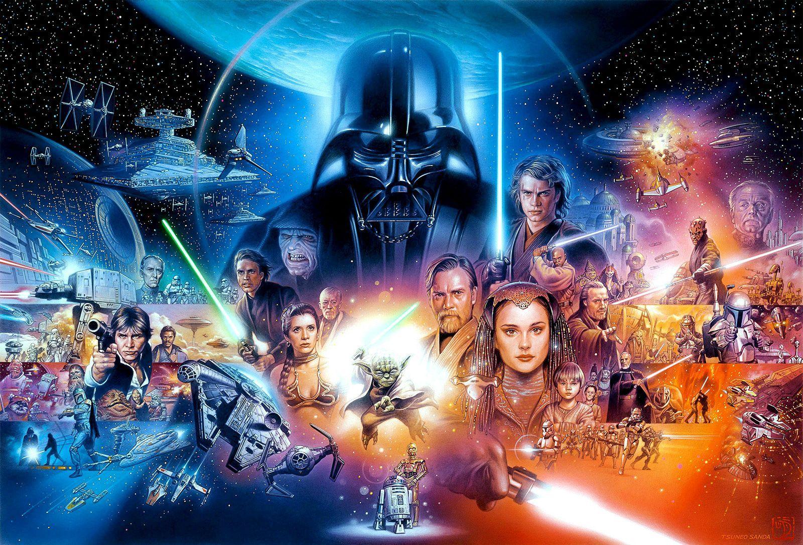 A vibrant artwork depicting a futuristic space battle scene featuring sleek starfighters in the Star Wars universe.