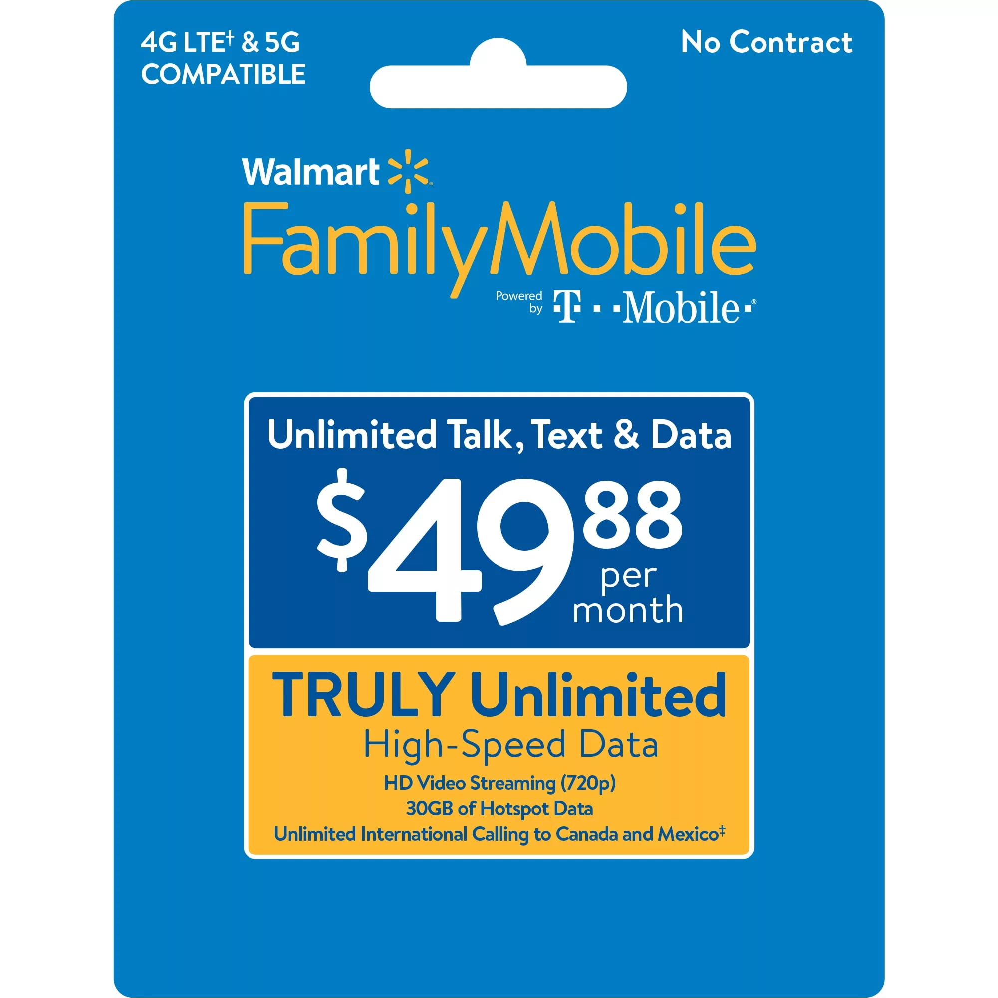 Modern design showcasing Walmart Family Mobile prepaid plans and pricing.