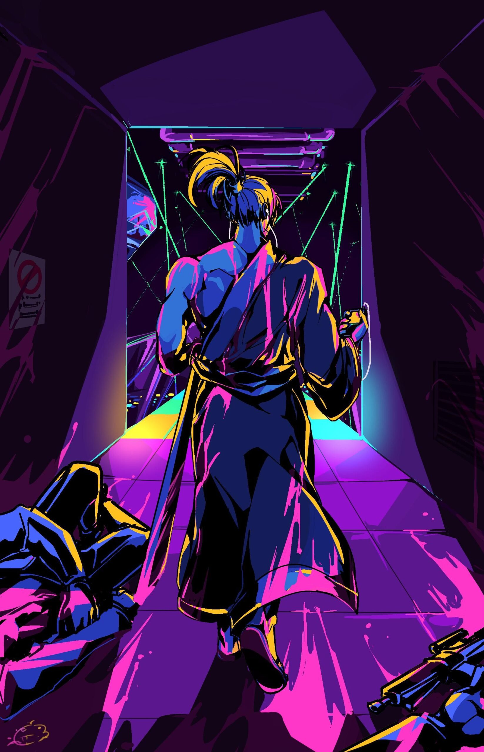 Visual representation of Katana Zero DLC Free and Big Future Content incorporating elements of technology and creativity in a neon cyberpunk style.