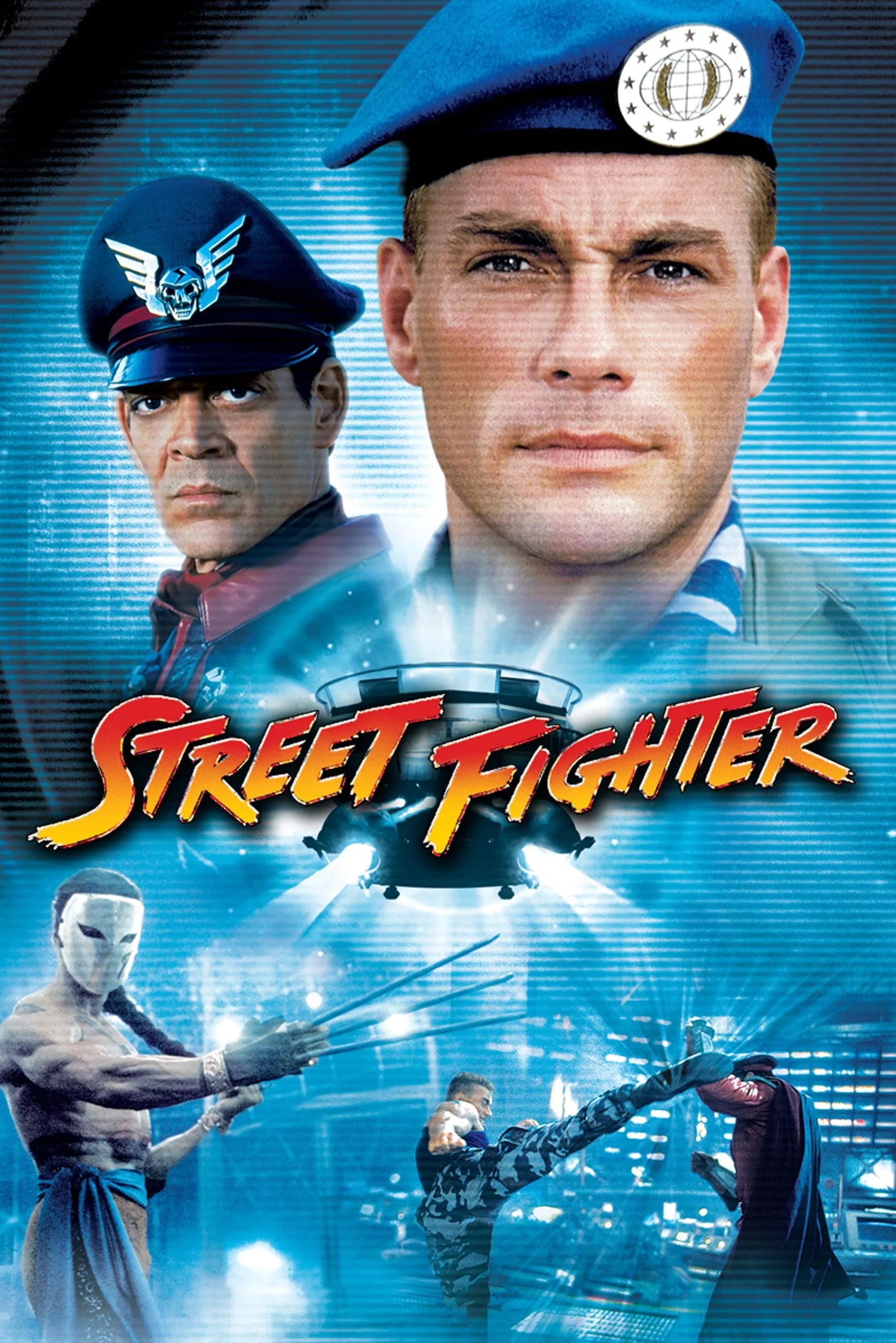 A vibrant and futuristic design inspired by the Street Fighter film, featuring action-packed characters in a high-tech urban setting.