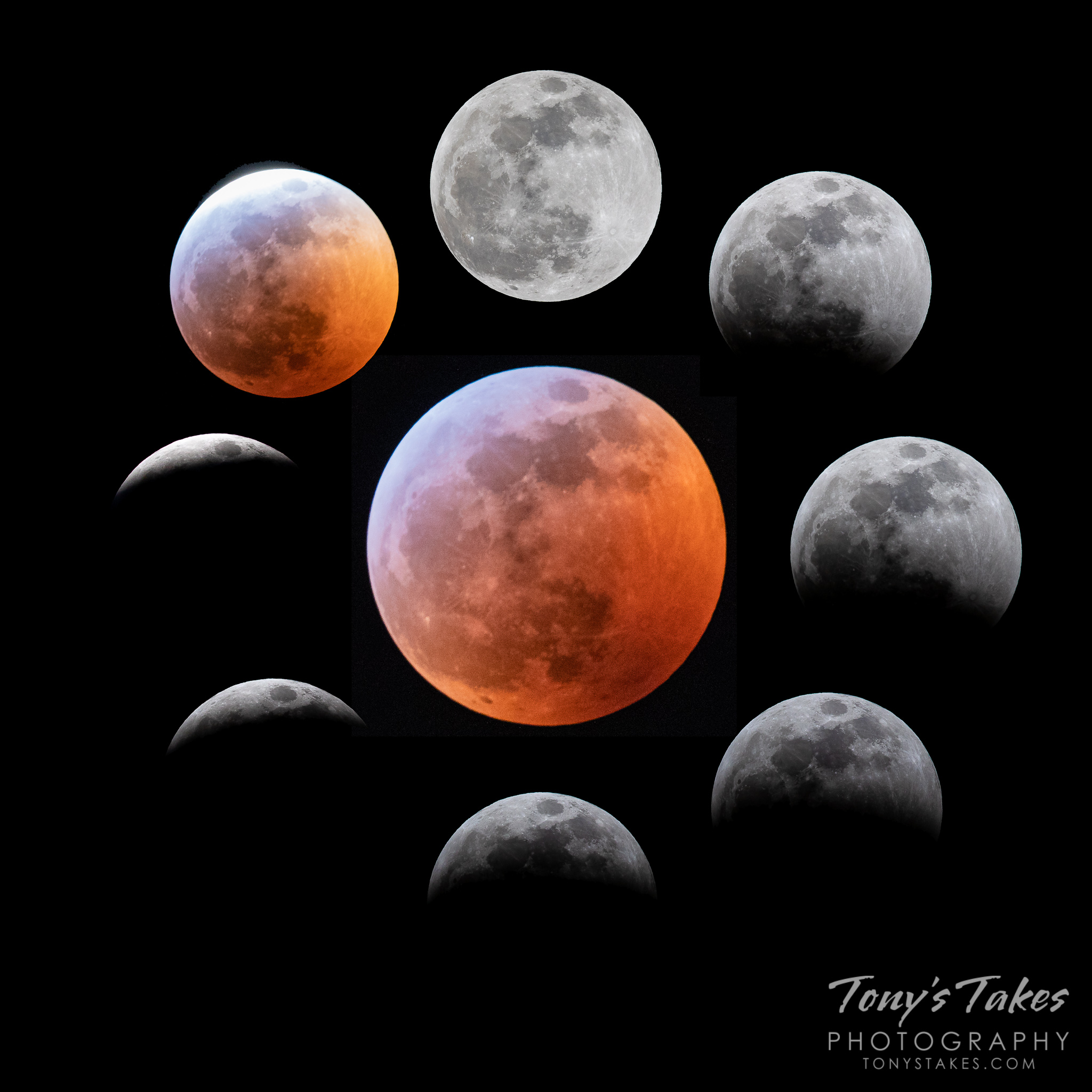 A creative modern illustration of the three types of lunar eclipses: Total, Partial, and Penumbral, set against a starry night sky.