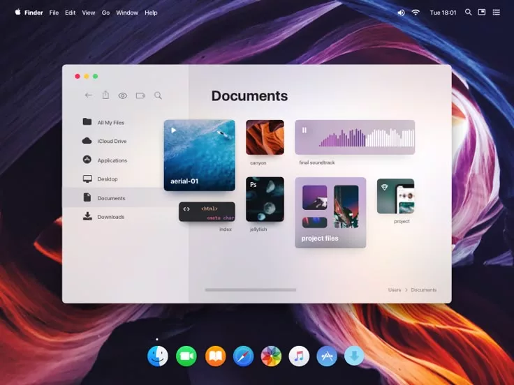 A modern and futuristic design concept of macOS 26 Tahoe interface showcasing vibrant colors and sleek layout.
