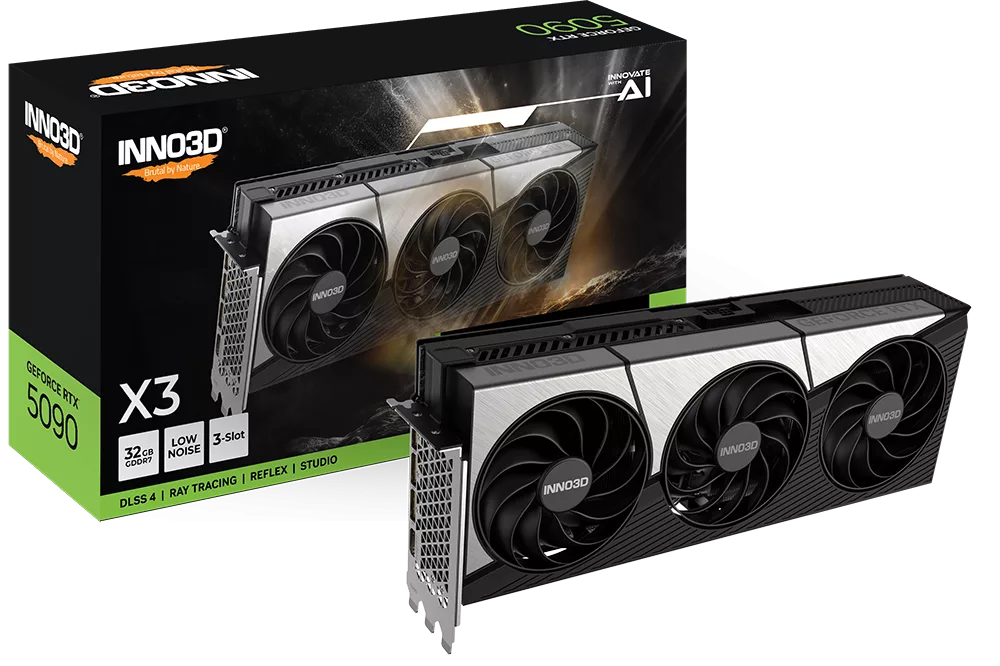 High-quality image of Inno3D RTX 5090 graphics card with water cooling solutions in a modern tech setting.