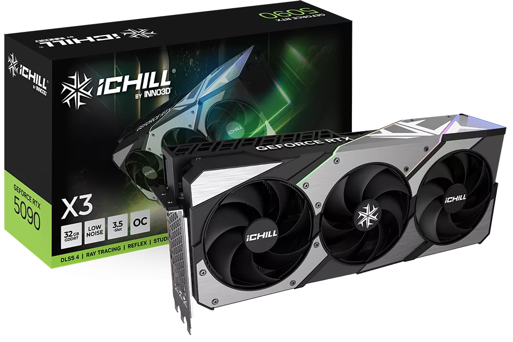 High quality visual of Inno3D RTX 5090 graphics card with advanced water cooling solutions, showcasing sleek design and technology.