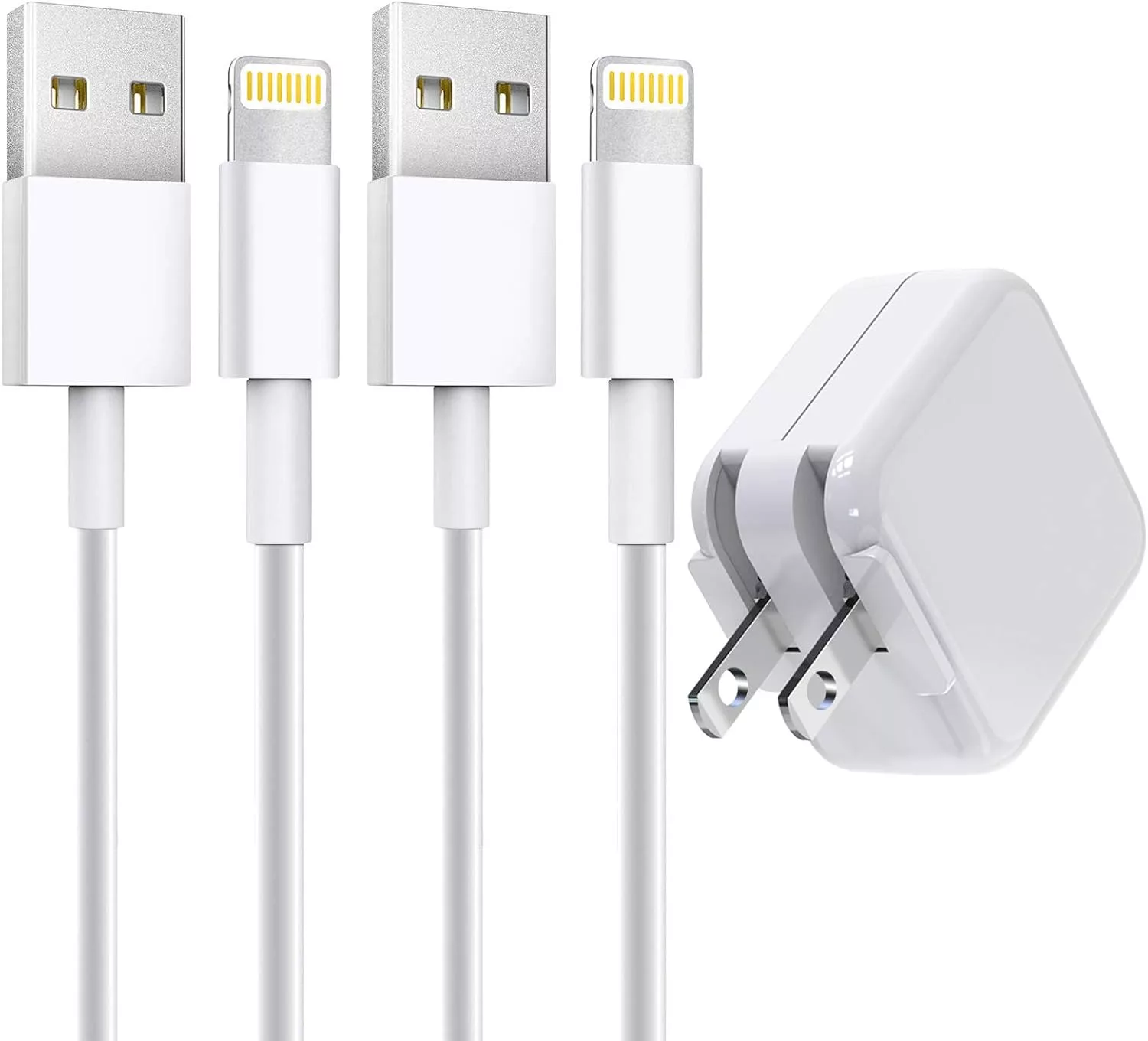A modern composition showcasing counterfeit Apple chargers, emphasizing technology and scrutiny in an aesthetic setup.