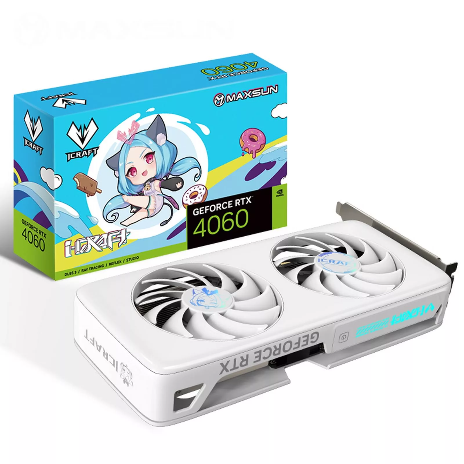 A sleek and modern representation of the Maxsun GeForce RTX graphics card with a water cooling system, highlighting its advanced features in a tech-inspired environment.