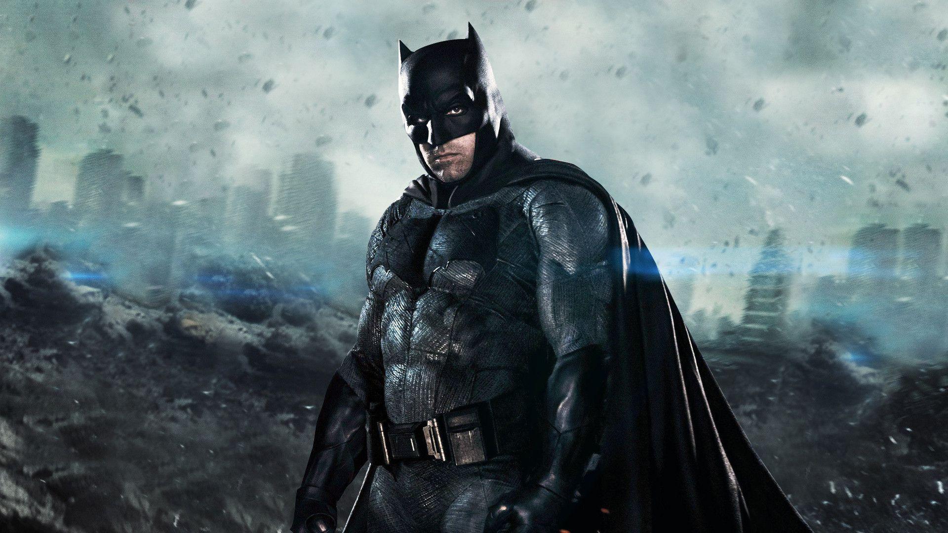 Digital artwork depicting Ben Affleck's departure from the Batman role with a brooding silhouette against a dark cityscape.