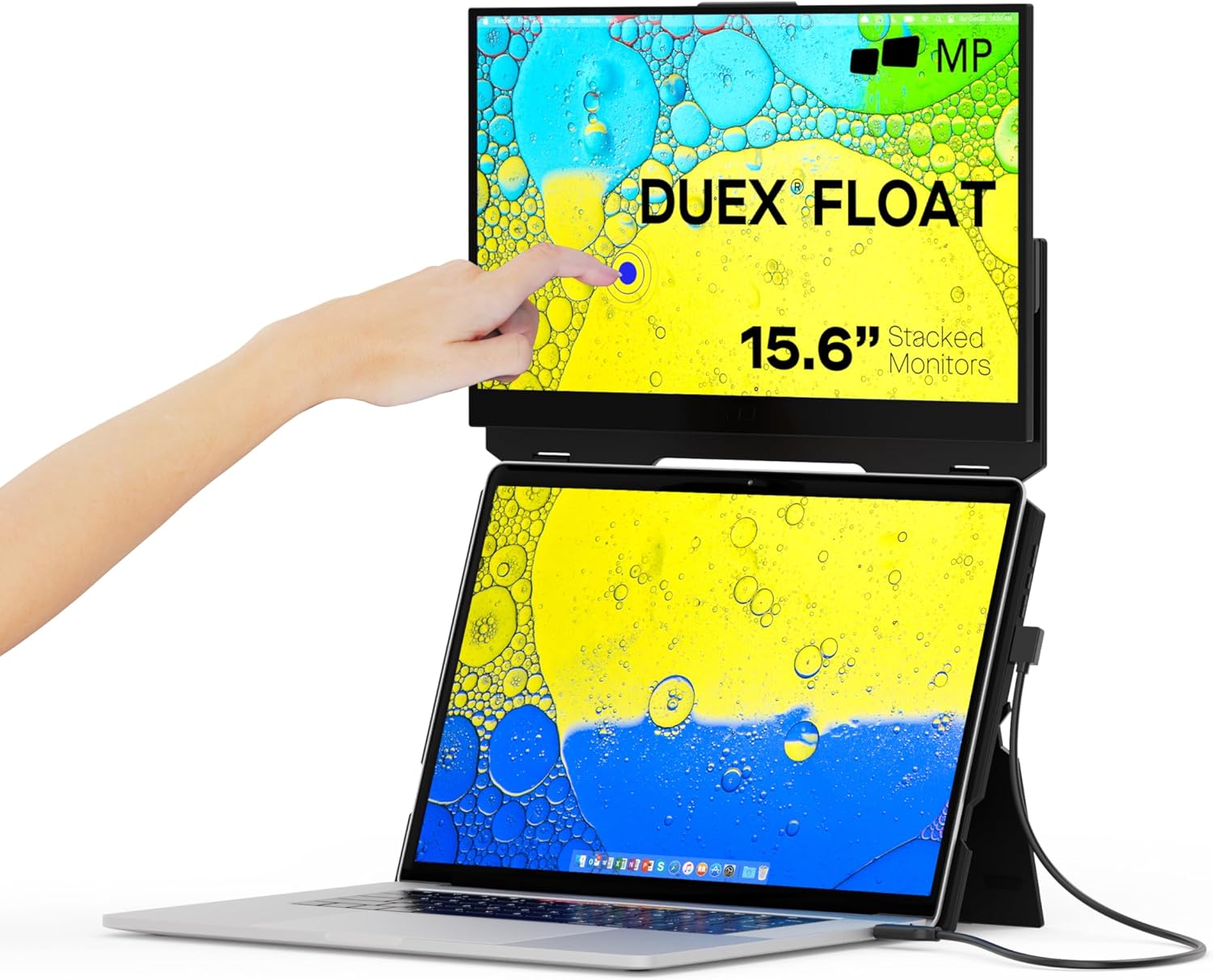 Mobile Pixels Duex Float portable monitor in a stylish workspace, emphasizing portability and modern design.
