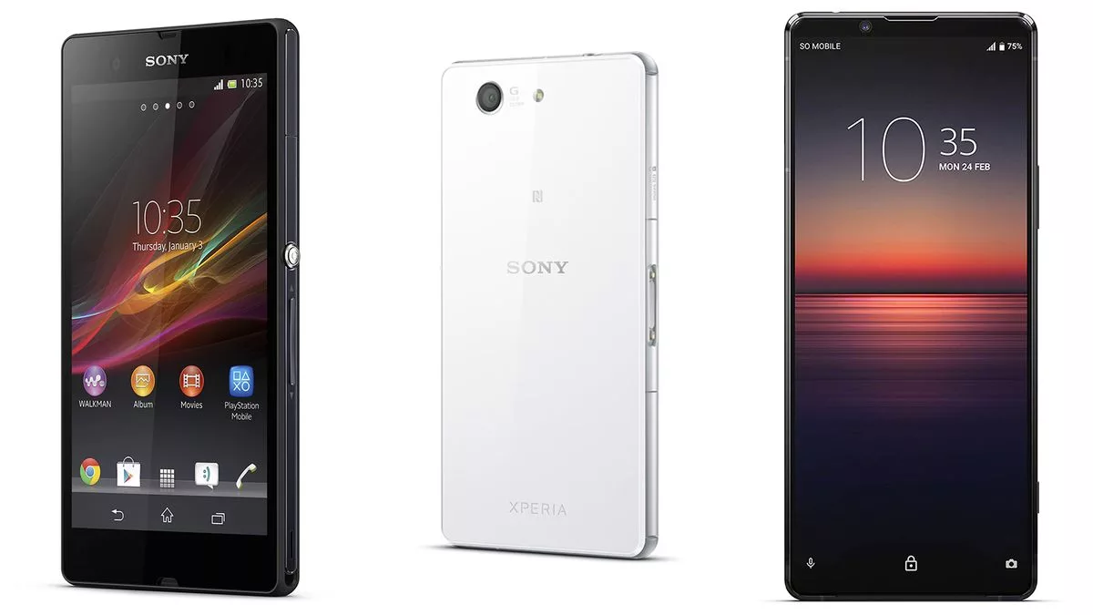 Concept art of a high-end Sony Xperia flagship smartphone in a modern urban setting.