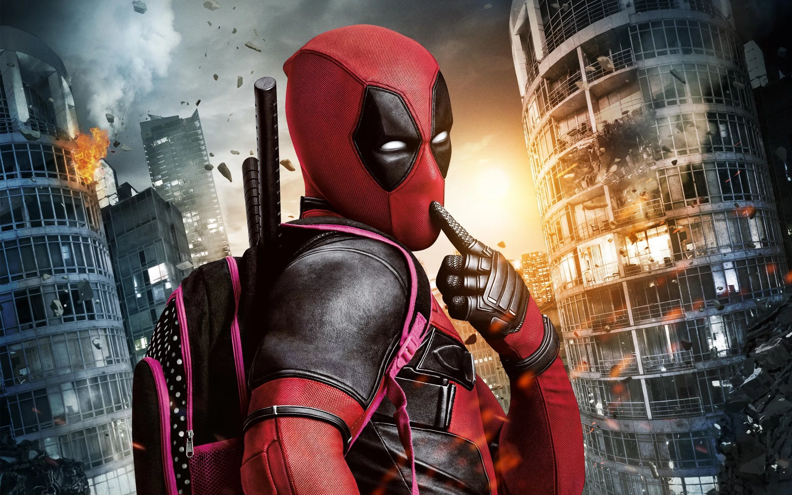 A vibrant and modern illustration of Deadpool with the Avengers, blending action and humor in a futuristic setting.
