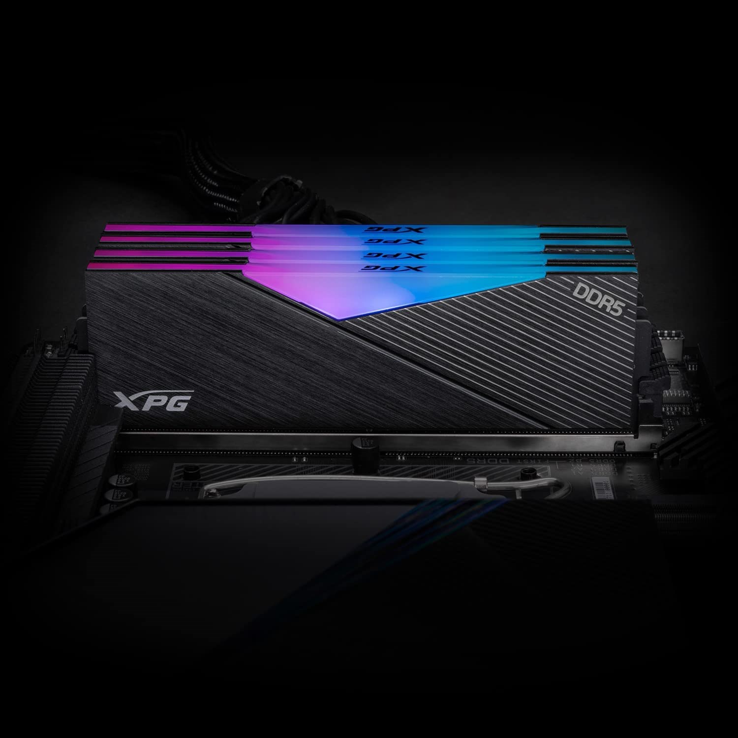 High-quality modern visual of XPG Lancer RGB DDR5 memory modules with vibrant RGB lights and sleek design.