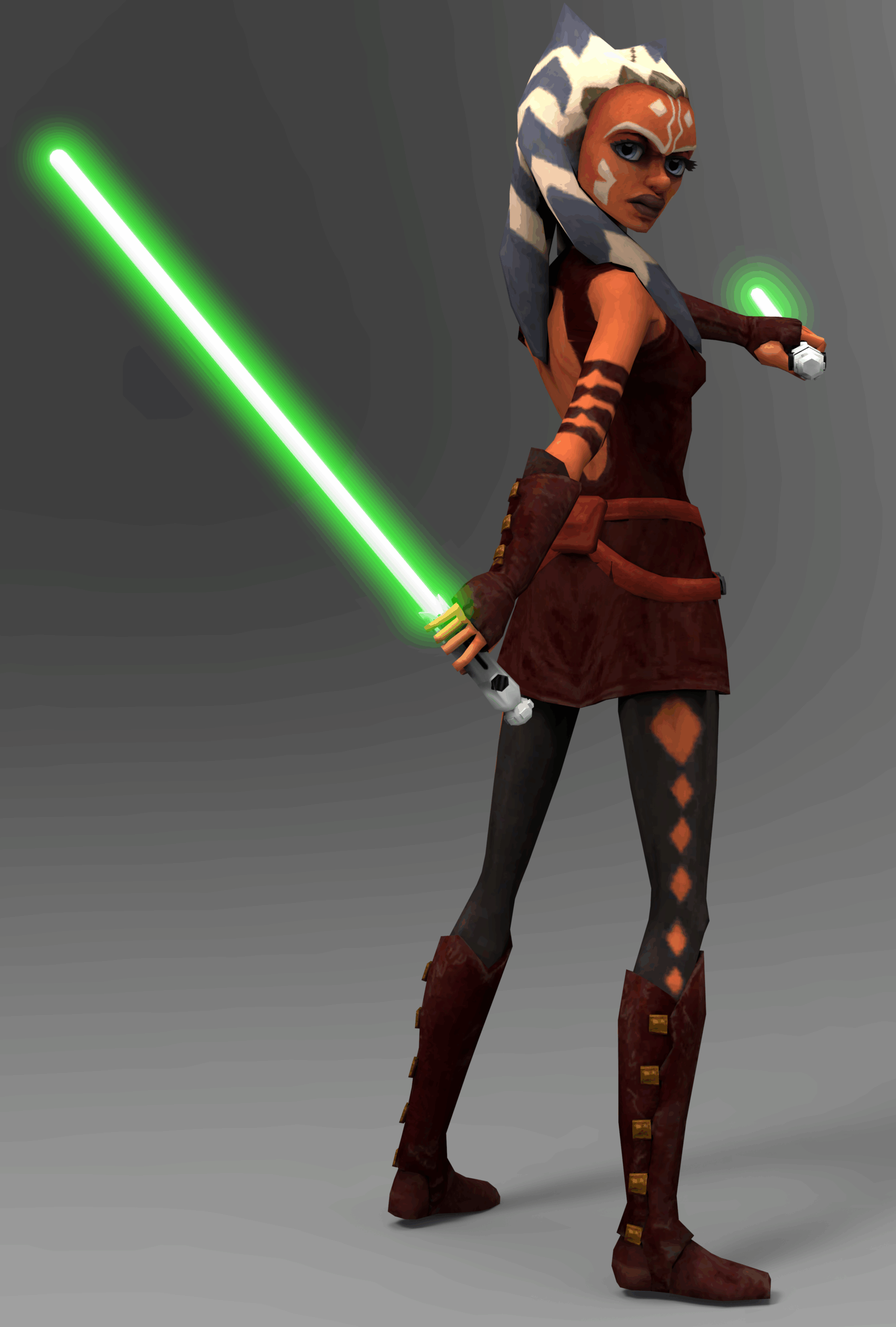 A modern and aesthetic graphic featuring Ahsoka Tano and Hayden Christensen in a vibrant, futuristic Star Wars scene.