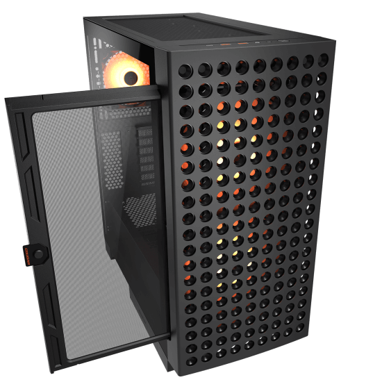 Aesthetic view of the COUGAR Airface ECO RGB computer case showcasing its sleek design and RGB lighting in a stylish tech environment.